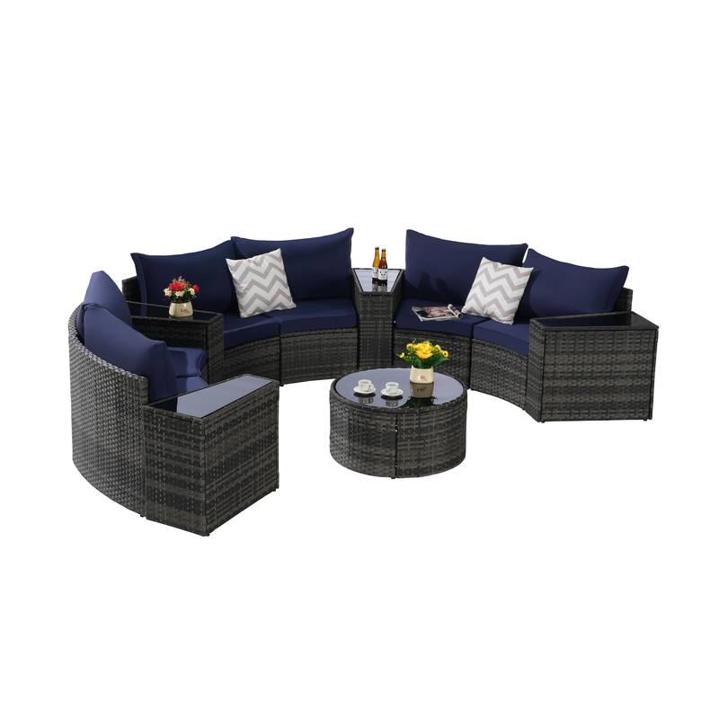 11-Piece Outdoor Half-Round Modular Sectional Sofa Set with Tempered Glass Coffee Table and 4 Side Table