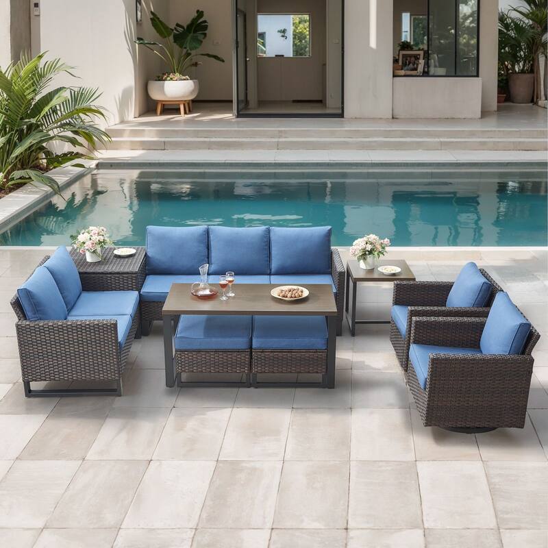 Gymojoy 7-9 Person All-Weather Wicker Outdoor Conversation Set Seating Group With Swivel Chairs And Coffee Table - Brown Wicker / Blue Cusion - 9-Piece