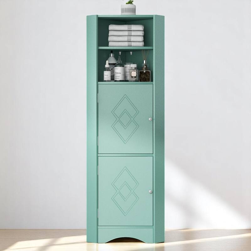 Freestanding Bathroom Corner Storage Cabinet with 2 Doors, Adjustable Shelves, Waterproof MDF, Triangle Design - Green