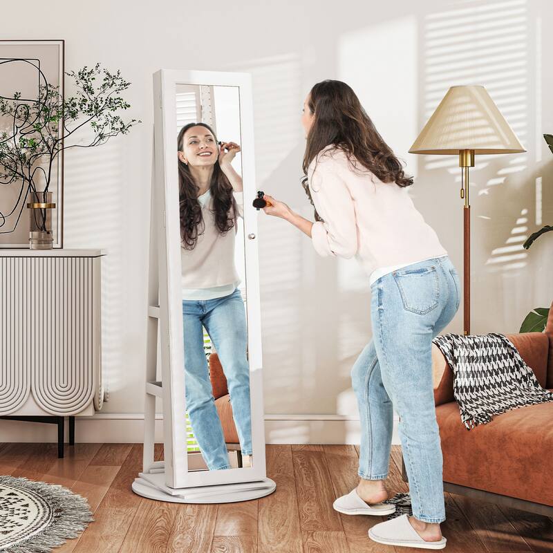 HOMCOM 360° Swivel Jewelry Cabinet, Lockable Jewelry Armoire Organizer with Full-Length Mirror for Bedroom Living Room