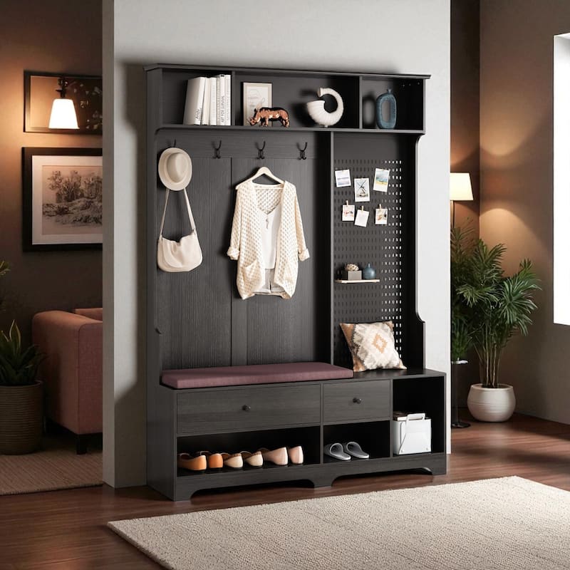 Modern Hall Tree with Removable Linen Cushion Bench, Coat Rack, Shelves & DIY Pegboard, 57.48 x 14.96 x 77.17 in - Black