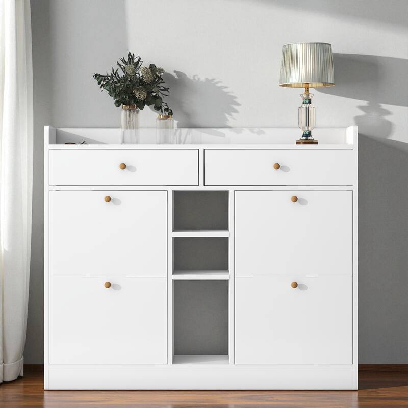 50.7" Modern 4-Drawer Tipping Bucket Shoe Cabinet, Freestanding 2-Tier Shoe Storage Organizer for Entryway and Hallway - White