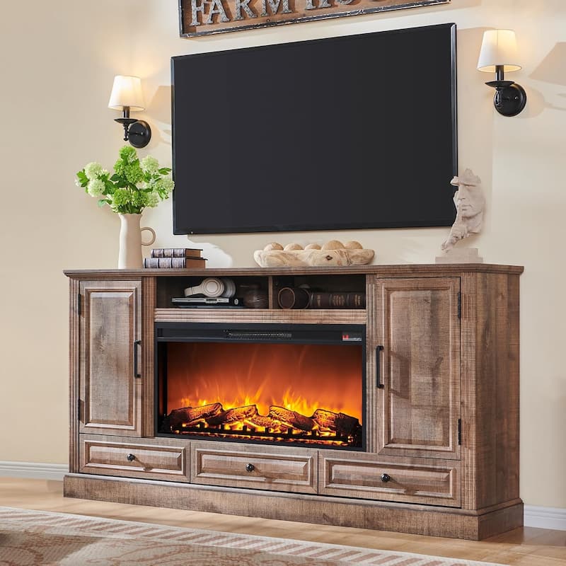 Farmhouse Fireplace TV Stand for 80 Inch TV, Entertainment Center - Light Brown