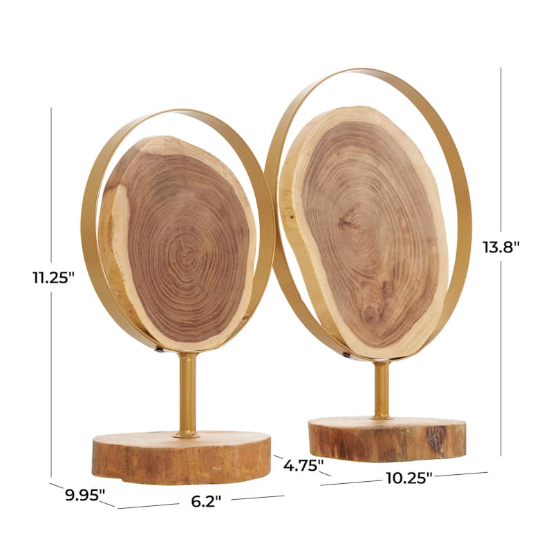 Brown Wood Handmade Live Edge Slab Abstract Decorative Sculpture with Gold Metal Rings (Set of 2)