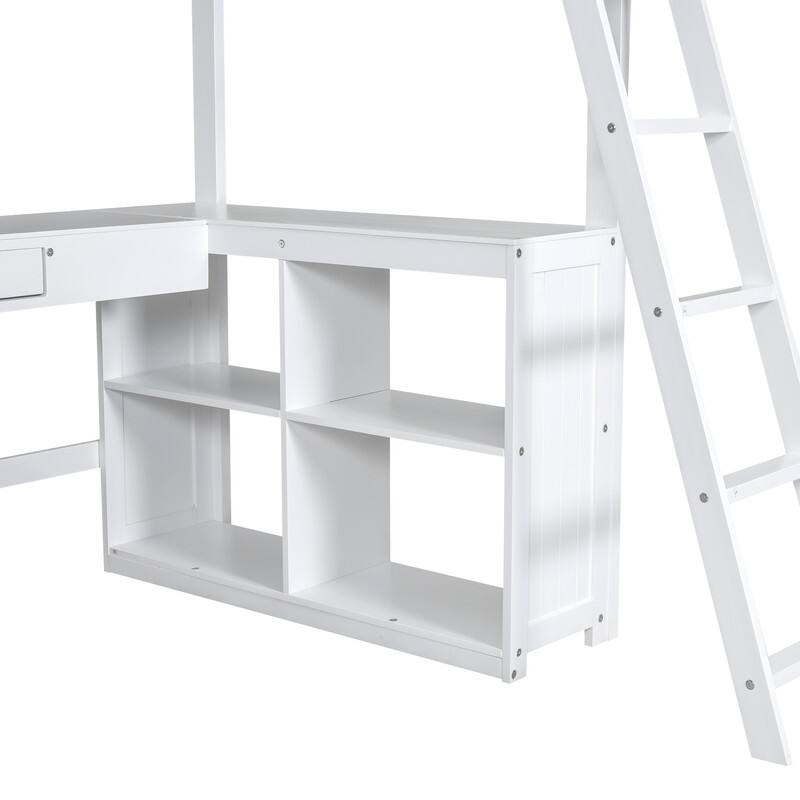Solid Wood Loft Bed with Bulit-in U-Shaped Desk, 2 Drawers and Cabinet, Twin/Full Size Loft Bedframe w/ Storage Shelves & Ladder