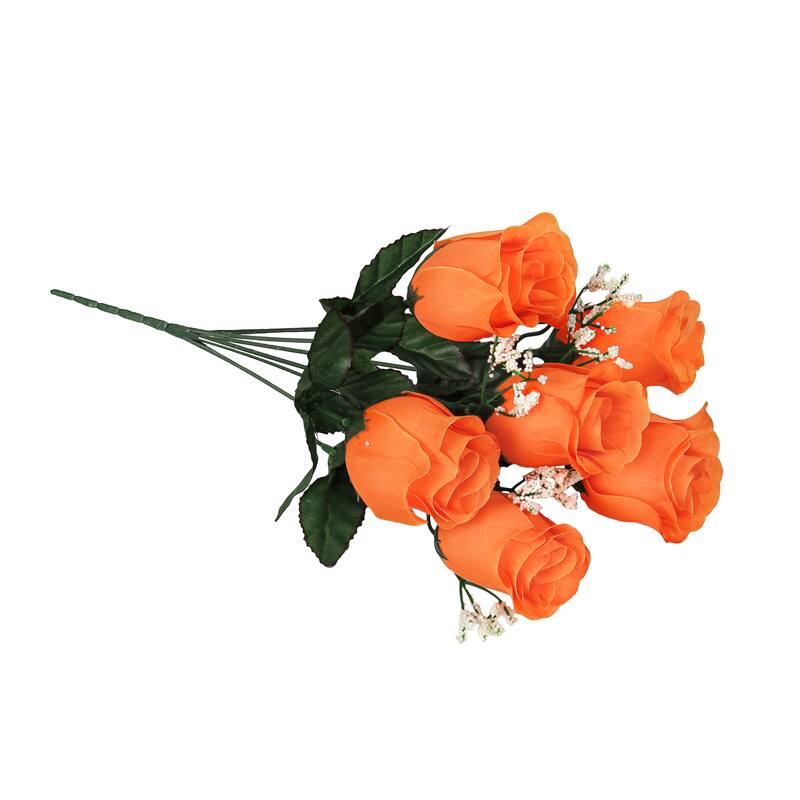 Set of 12 Orange Artificial Rose Bud Flower Stem Bush Bouquet 14in - 14" L x 6" W x 6" DP