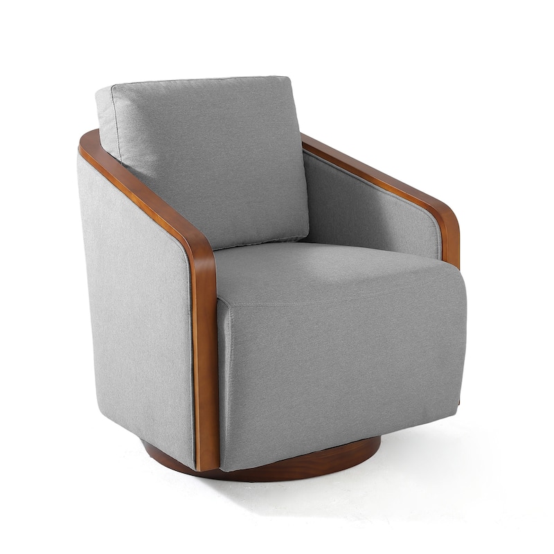 Upholstered Swivel Barrel Chair with Curved Wood Arms