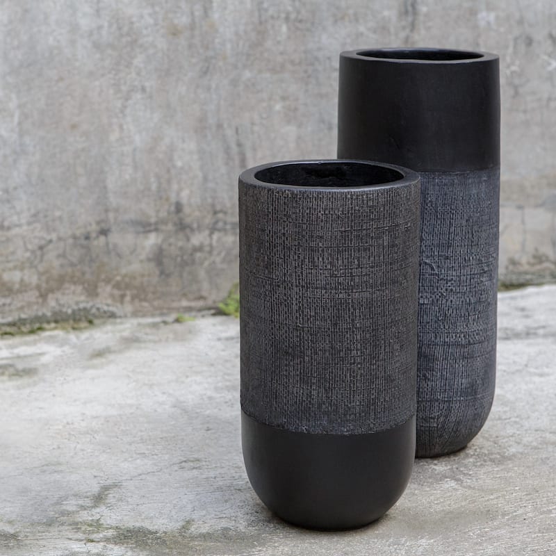 Woven Shadow Terracotta Vases - 15.25" - Black - Set of 2
