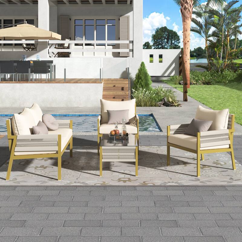 4-Piece Patio Furniture Set, Outdoor Garden Conversation Set with Tempered Glass Table, Deep Seating and Thick Cushion