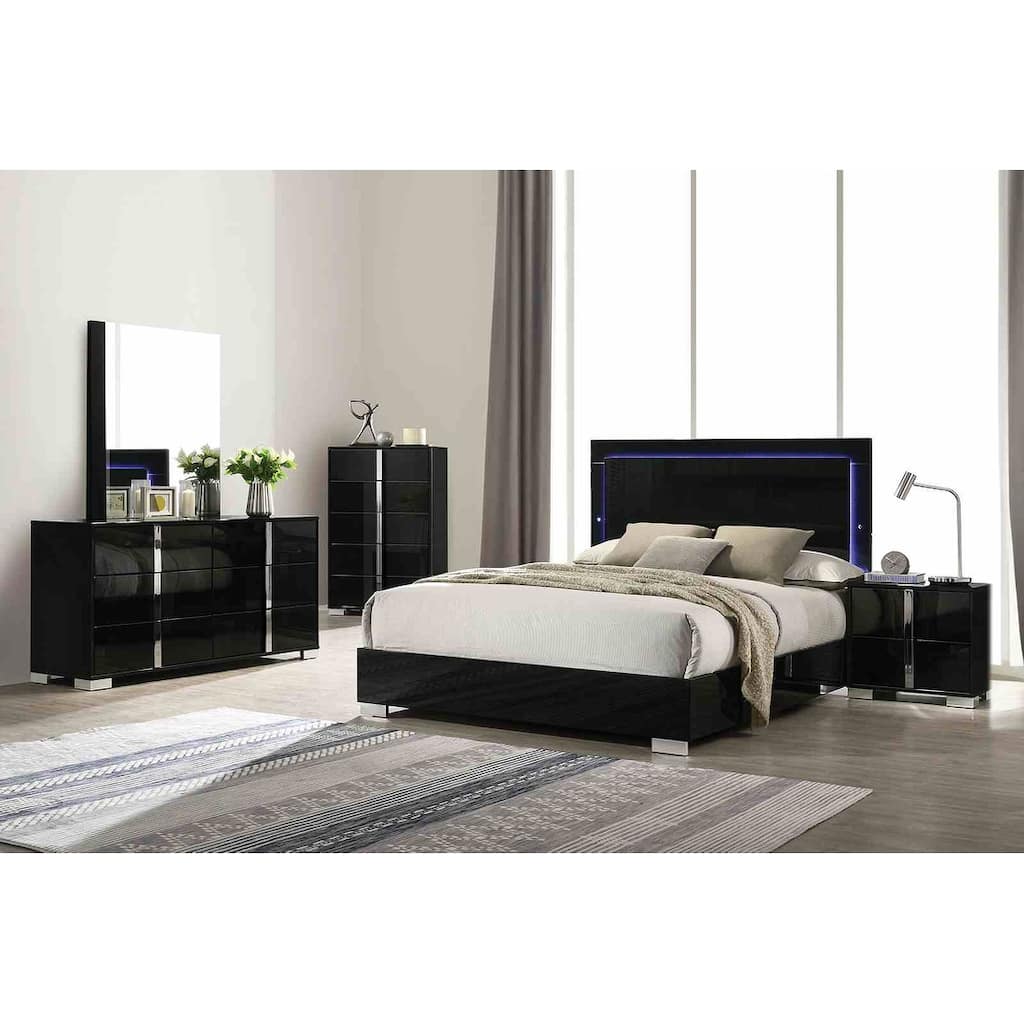 Modern Piano-Black Bedroom Set with LED Headboard and Chrome Details