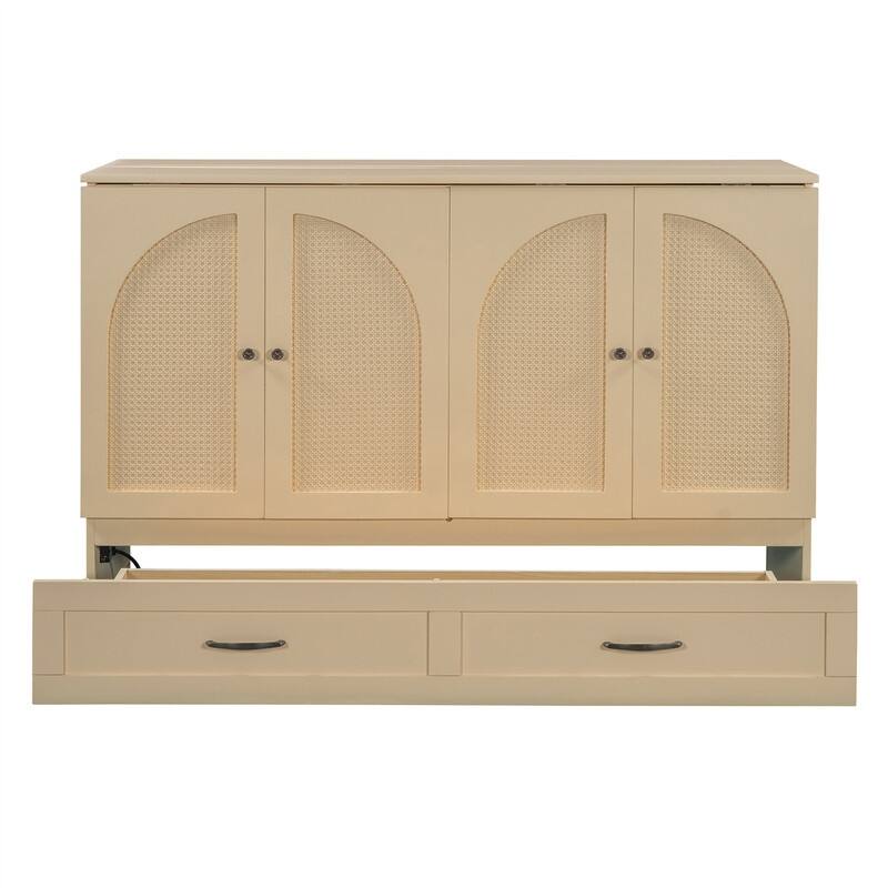 Full/Queen Size Murphy Bed Wall Bed with a Large Drawer, Wooden Space Savig Murphy Cabinet Bed, Folding Murphy Bed Chest