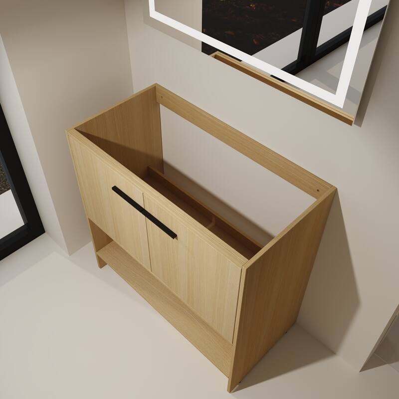 GDFStudio - Lisbon Modern Minimalist Freestanding Bathroom Vanity Cabinet with Soft Close Doors, Open Shelf, Sink NOT INCLUDED
