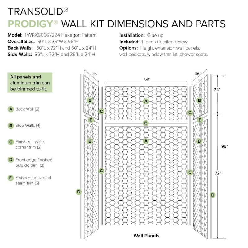 Transolid PWKX60367224 Prodigy 96" H x 60" W x 36" D Three Panel