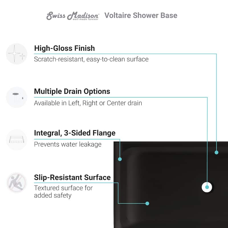 Voltaire 60" x 36" Acrylic Black, Single-Threshold, Left Drain, Shower Base