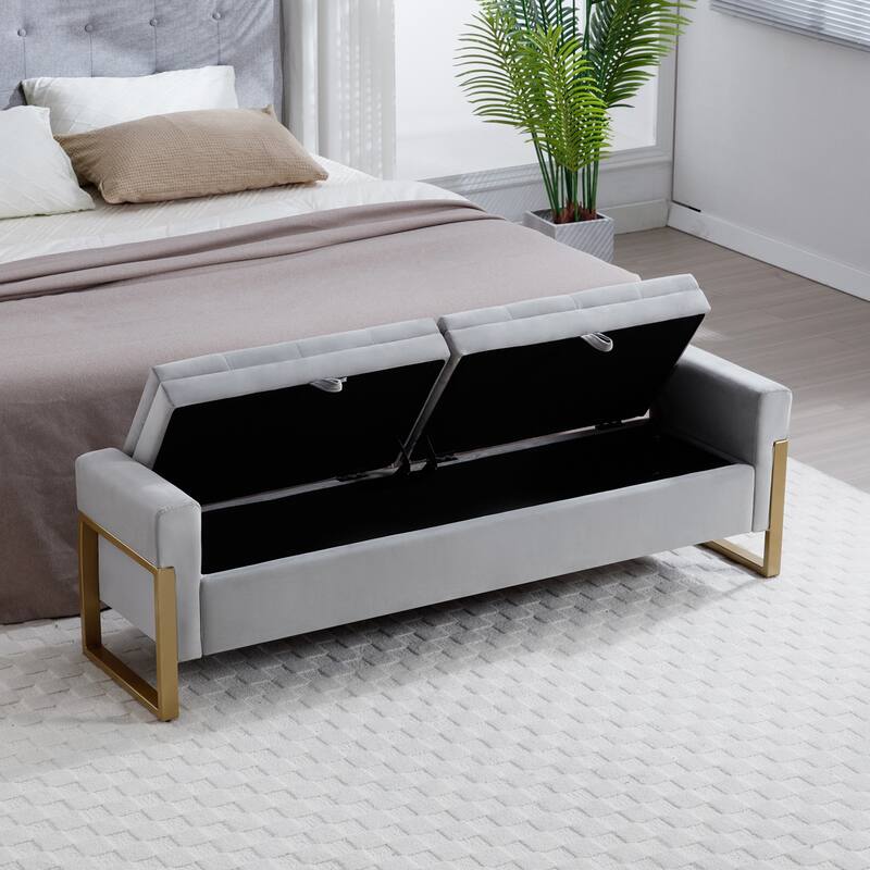 66" Storage Bench King Size End of Bed with Double Lids and Gold Legs