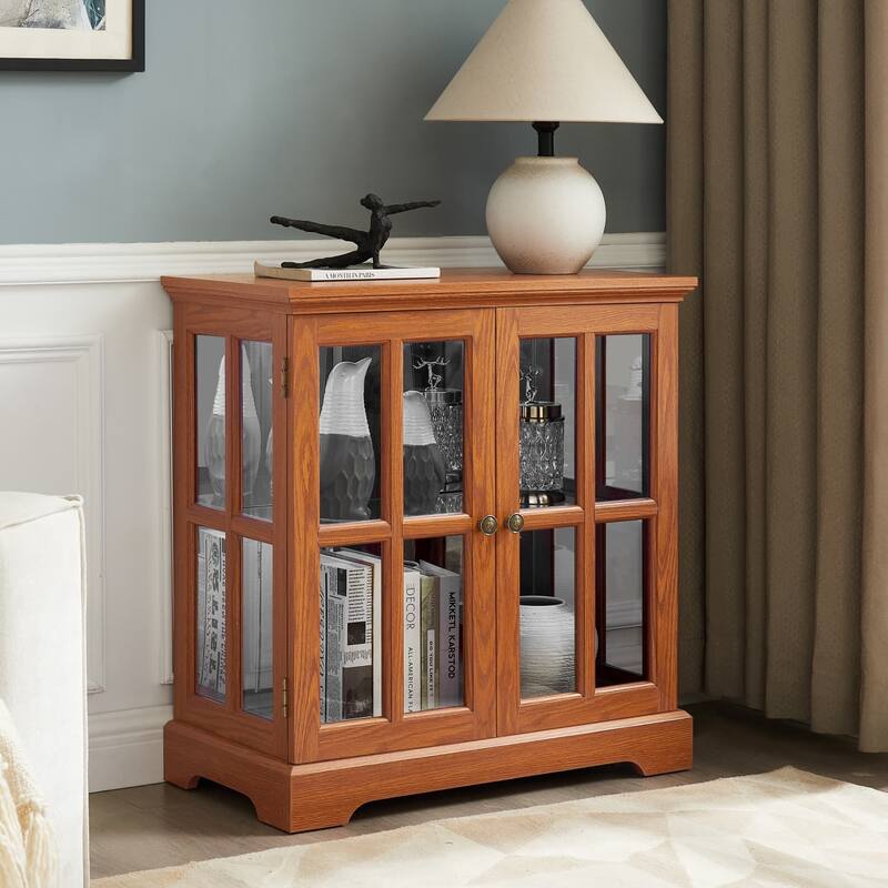 LED Glass Antique Curio Display Cabinet Showcase with Lattice Doors - Dark Oak