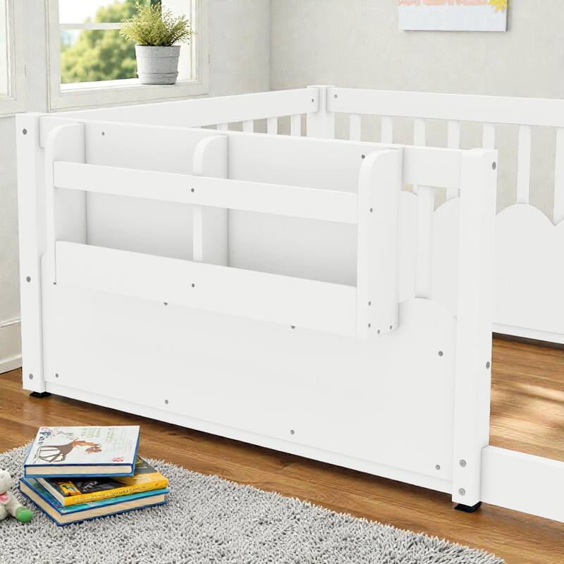Twin Floor Bed with Heightened Fence and Bookshelf, Wooden Montessori Floor Bed for Kids, Low Profile Design