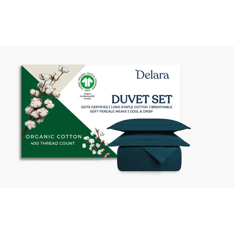 Delara 100% Organic Cotton Percale Weave Duvet Cover Set, GOTS Certified, 400 Thread Count - Midnight Blue - Twin