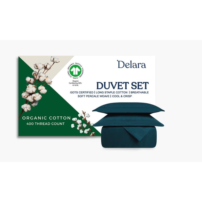 Delara 100% Organic Cotton Percale Weave Duvet Cover Set, GOTS Certified, 400 Thread Count