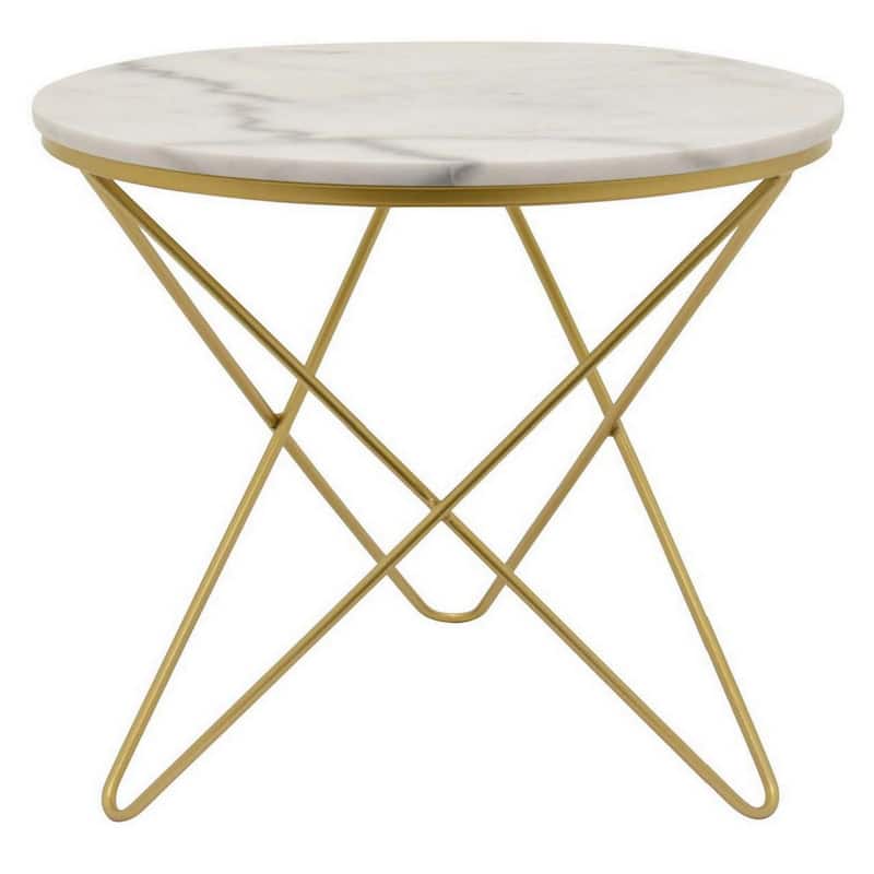 24 Inch Modern Plant Stand Side Table, Round Marble Display, Gold Metal