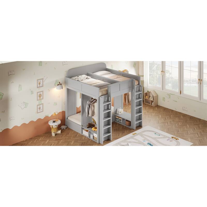 Roomfitters Triple Bunk Bed with Twin, Twin and Twin XL Beds, Storage Shelves and Hooks