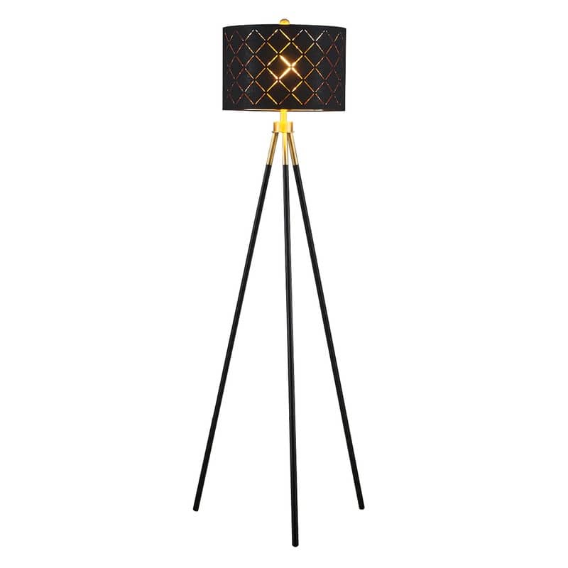 KAWOTI Mid-Century Modern Tripod Floor Lamp with Black Gold Drum Shade - Black & Gold - W20.5" x H62" x D22.5" - W20.5" x H62" x D22.5"
