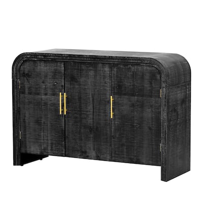 Wood Textured Curved Black Sideboard Storage Cabinet with Gold Handles