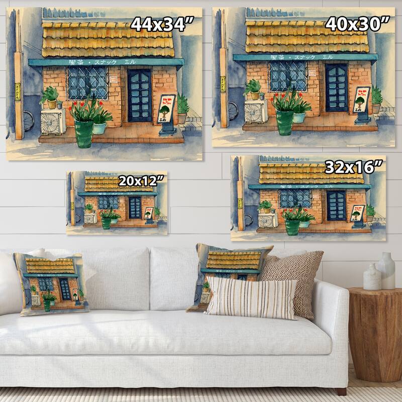 Designart "Small Asian Cafe Under A Tiled Roof" Industrial Canvas Wall Art Print - 32 in. wide x 24 in. high