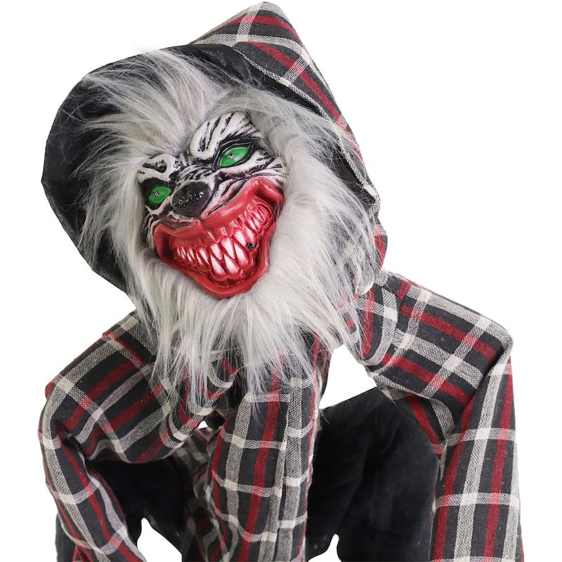Haunted Hill Farm Smiley the Animatronic Squatting Werewolf with Movement, Sounds, and Light-Up Eyes for Halloween Decoration