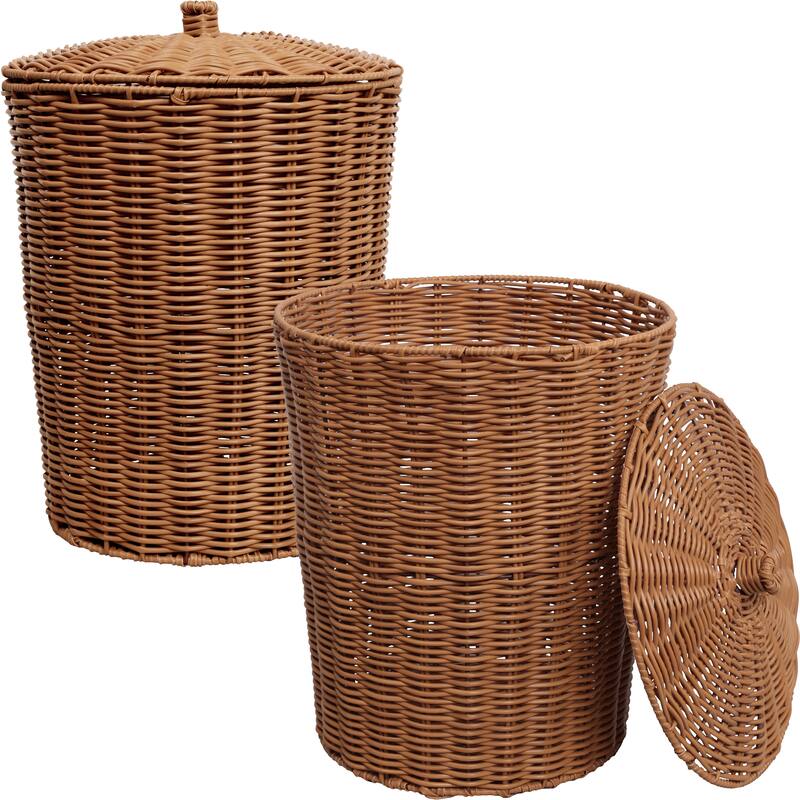 Ollie Coastal Contemporary Resin 4.7-Gallon Tapered Round Wicker Watebasket with Lid (Set of 2) - Brown