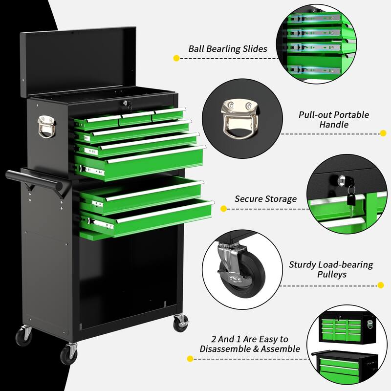 8-Drawer Rolling Tool Storage Cabinet with Detachable Top Tool Box