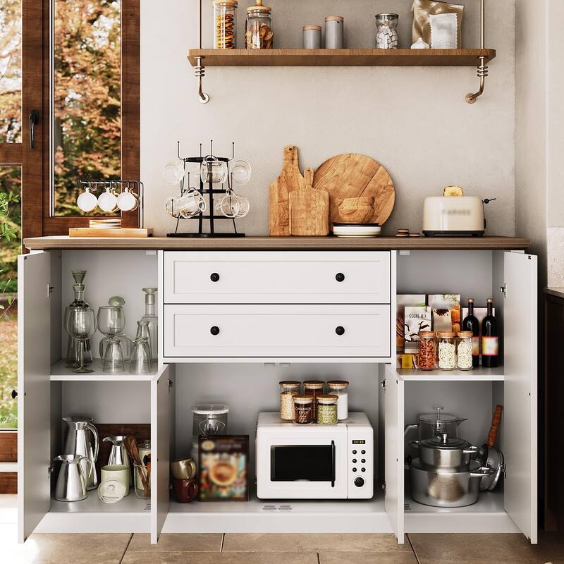 58" Farmhouse Buffet Cabinet, Sideboard Buffet Storage Cabinet with 2 Large Drawers and 4 Grooved Barn Doors