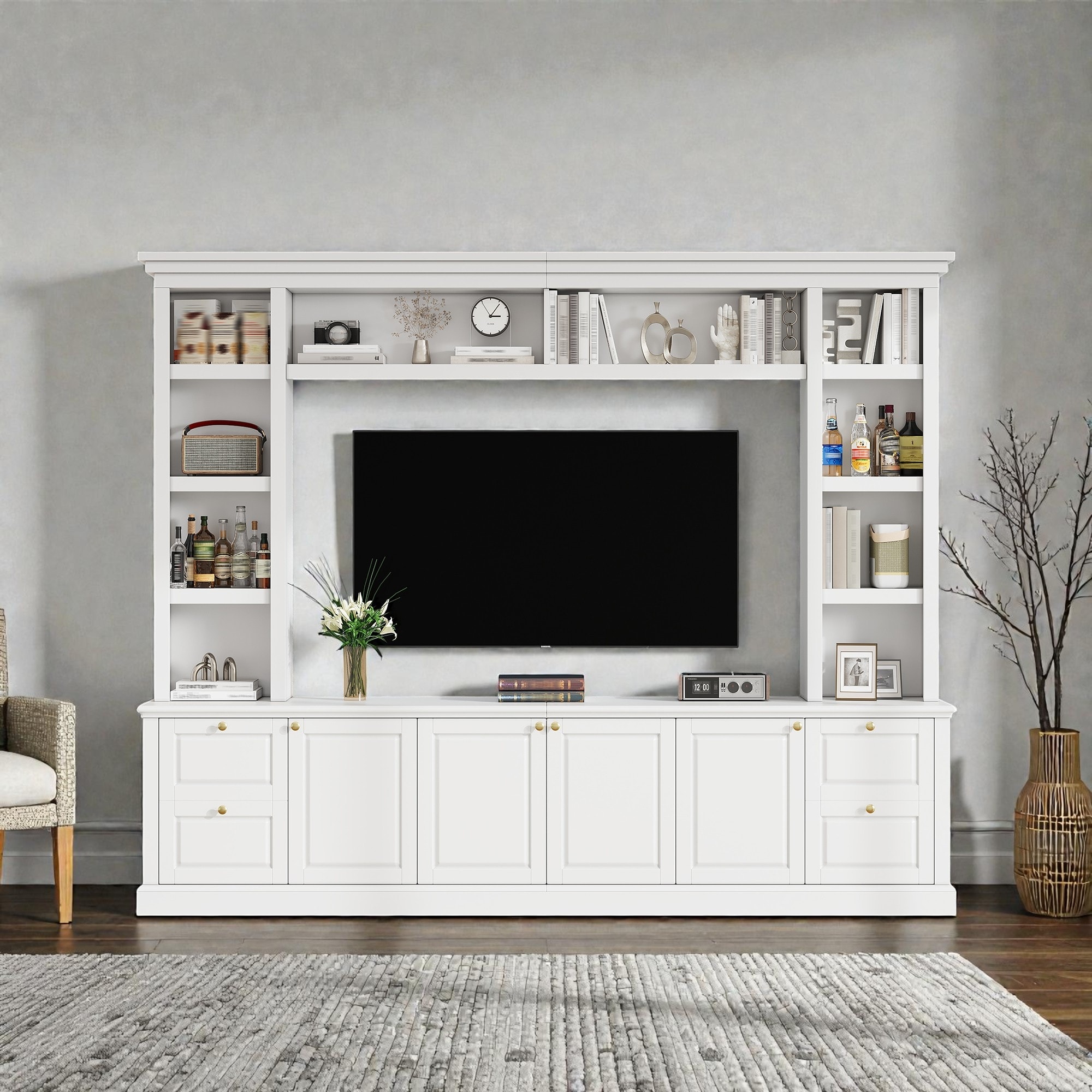 All-in-One Modern TV Stand with Bookcase for TVs up to 70 Inch, Large Entertainment Center with Adjustable Shelves