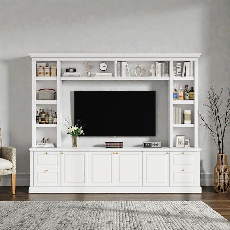 All-in-One Modern TV Stand with Bookcase for TVs up to 70 Inch, Large Entertainment Center with Adjustable Shelves - White