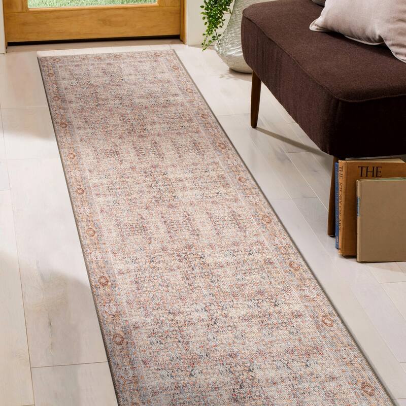 Terracotta Floral Washable Rug - Allover Pattern, Flat Pile - 2'6" x 6'