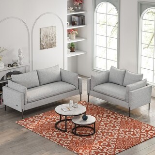 2 Piece Sofa Sets Linen Fabric Upholstered Loveseat and 3 Seat Couch ...