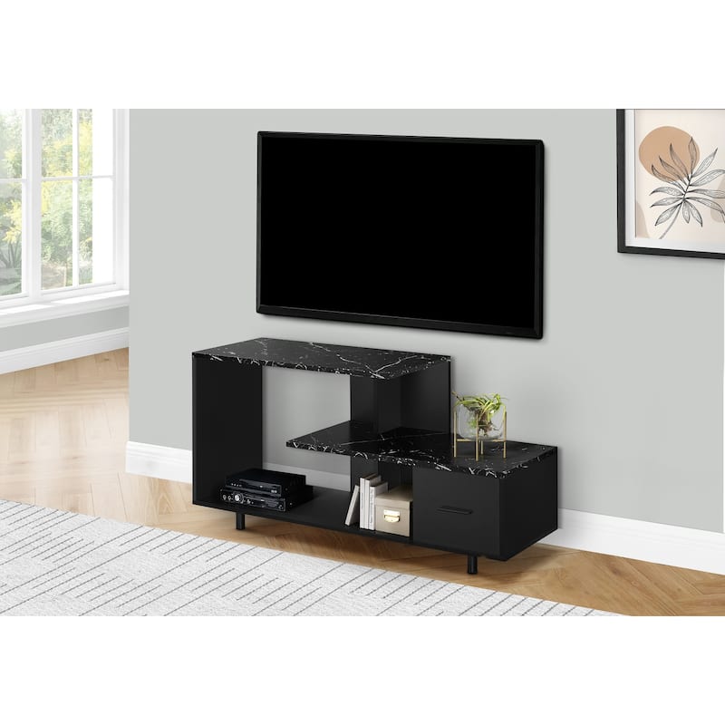 48 Inch TV Stand, Art Deco Black Faux Marble, Storage Drawer, Media Center, Contemporary Console