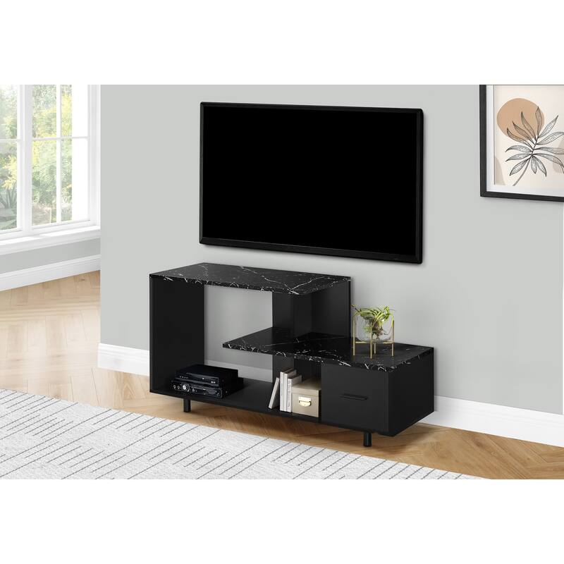 48-Inch TV Stand, Contemporary Media Console, Black Marble Look, Storage Drawer, Living Room Furniture