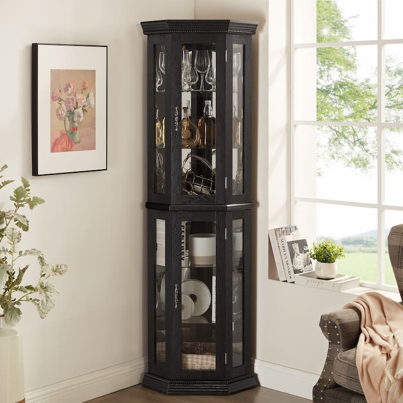Lighted Corner Curio Cabinet Glass Display Shelf Tempered Doors Adjustable Shelving White
