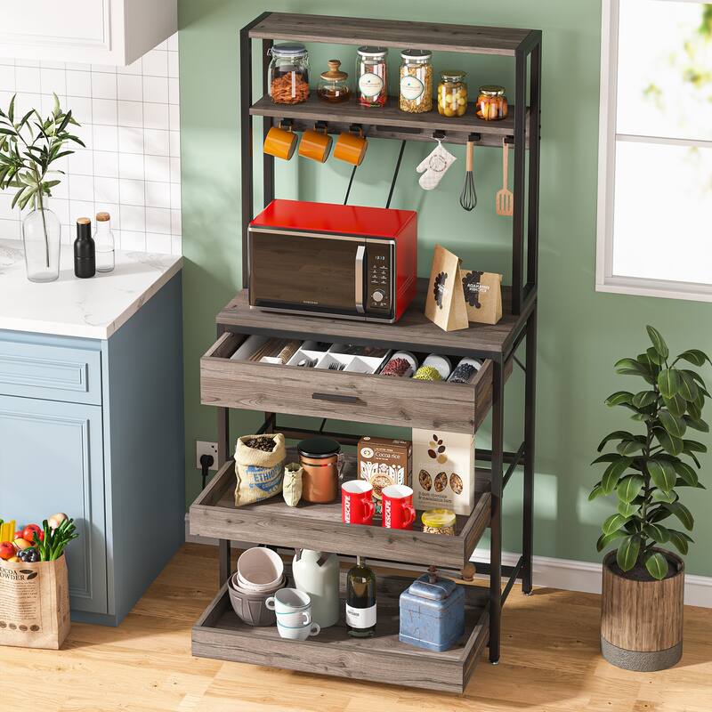 Kitchen Bakers Rack with Power Outlets, High Utility Storage Shelves Microwave Stand with Drawers