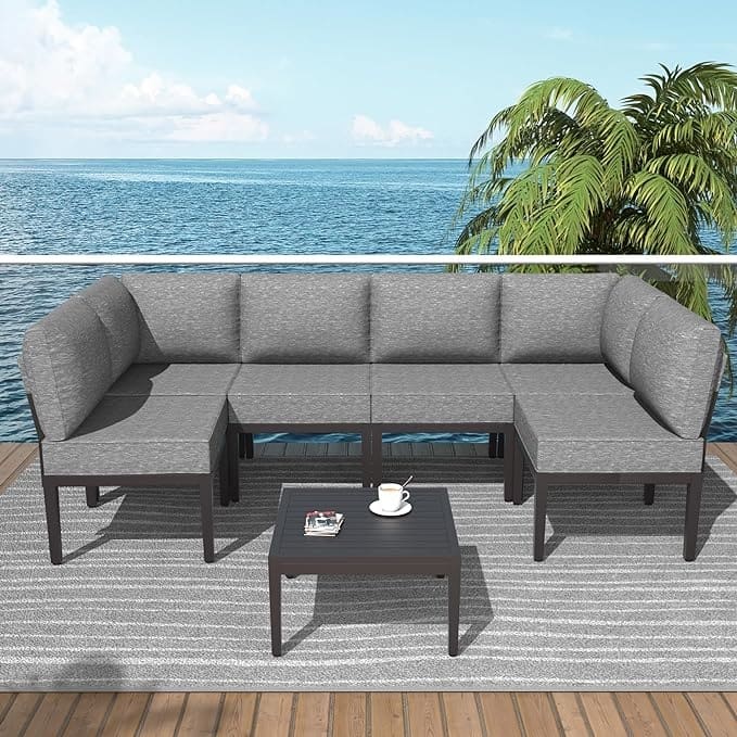 Kullavik 7 Piece Outdoor Furniture Set, Modern Metal Sectional Sofa with Thick Cushions and Coffee Table