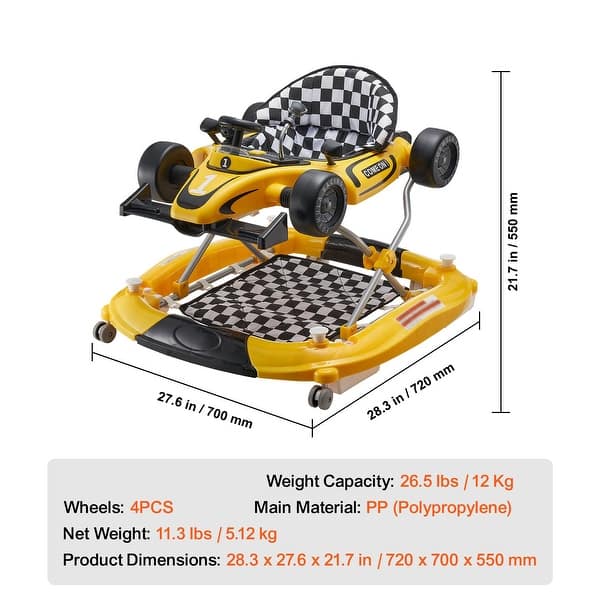 dimension image slide 0 of 2, PP 4-in-1 Baby Walker with Wheels, Music and Foldable Design - 28.3” L x 27.6” W x 21.7” H