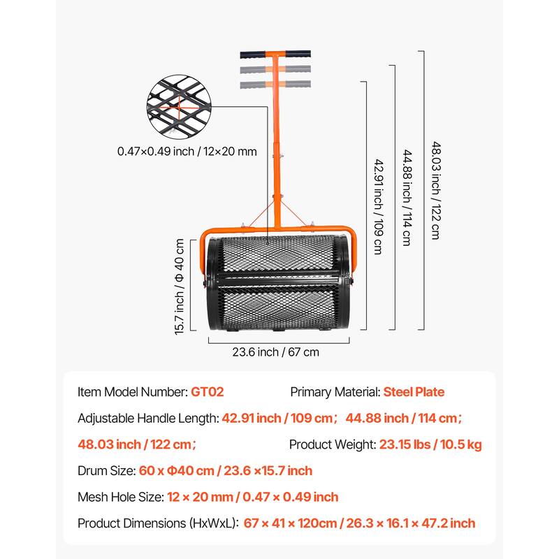 Compost Spreader, 24 in Peat Moss Spreader with T Shaped Handle, 3 Heights Adjustable, Powder-Coated Steel Peat Moss Rolle