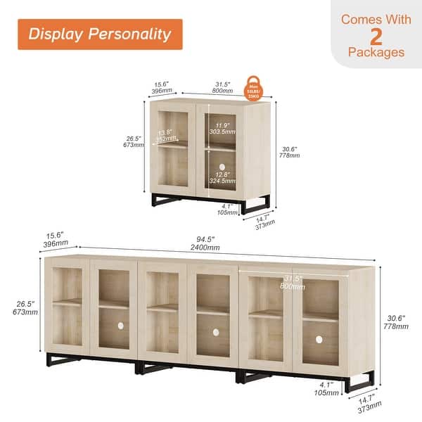 dimension image slide 2 of 10, WAMPAT Multifunctional Sideboard Buffet Cabinets with Glass Doors, Modern Sideboard with Adjustable Shelf, Coffee Bar Cabinet