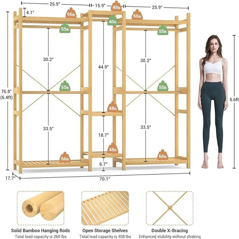 Bamboo Closet System Clothes Rack, Freestanding Garment Rack - 17.72"D x 70.47"W x 76.77"H