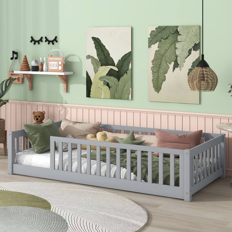 Twin Size Floor Bed with Fence without Door, Rubber Wood Floor Bed with Safety Guardrails