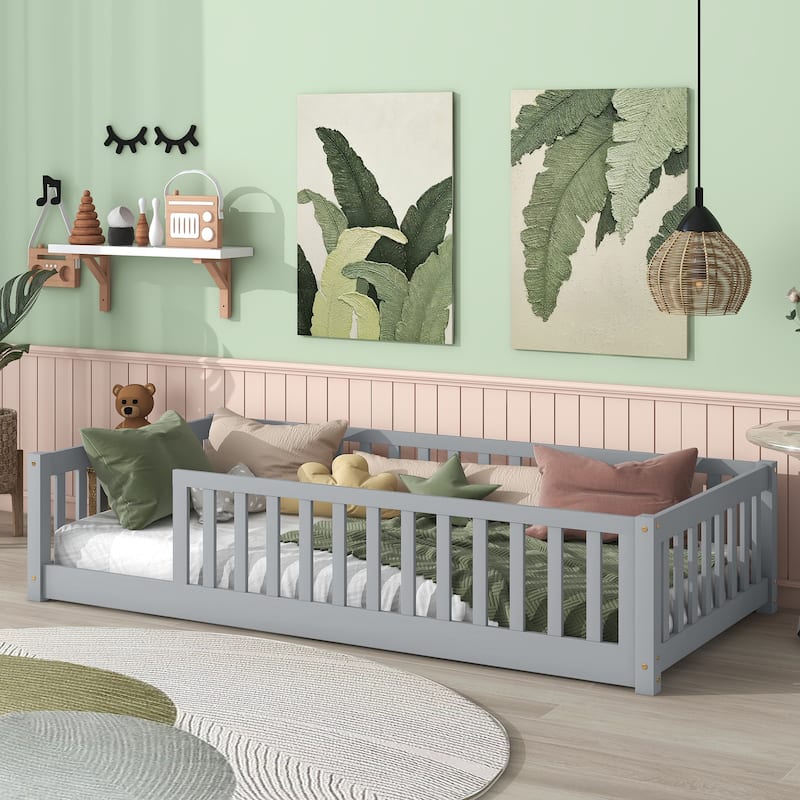 Twin Size Rubber Wood Floor Bed - Fence (No Door) & Safety Guardrails