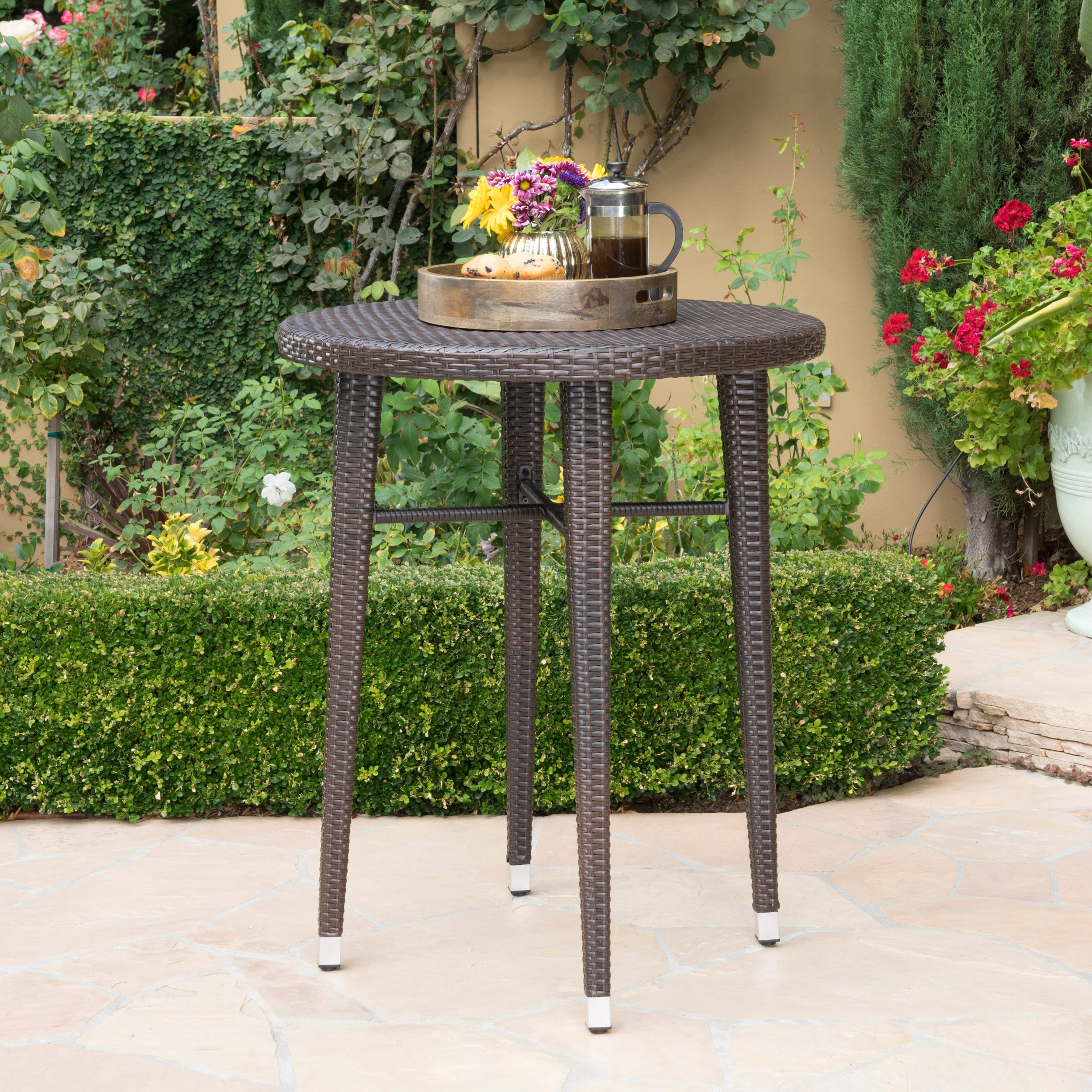 Roomfitters Rattan Round Bar Table with Sturdy Wicker Construction, Perfect for Outdoor and Patio Use, Brown