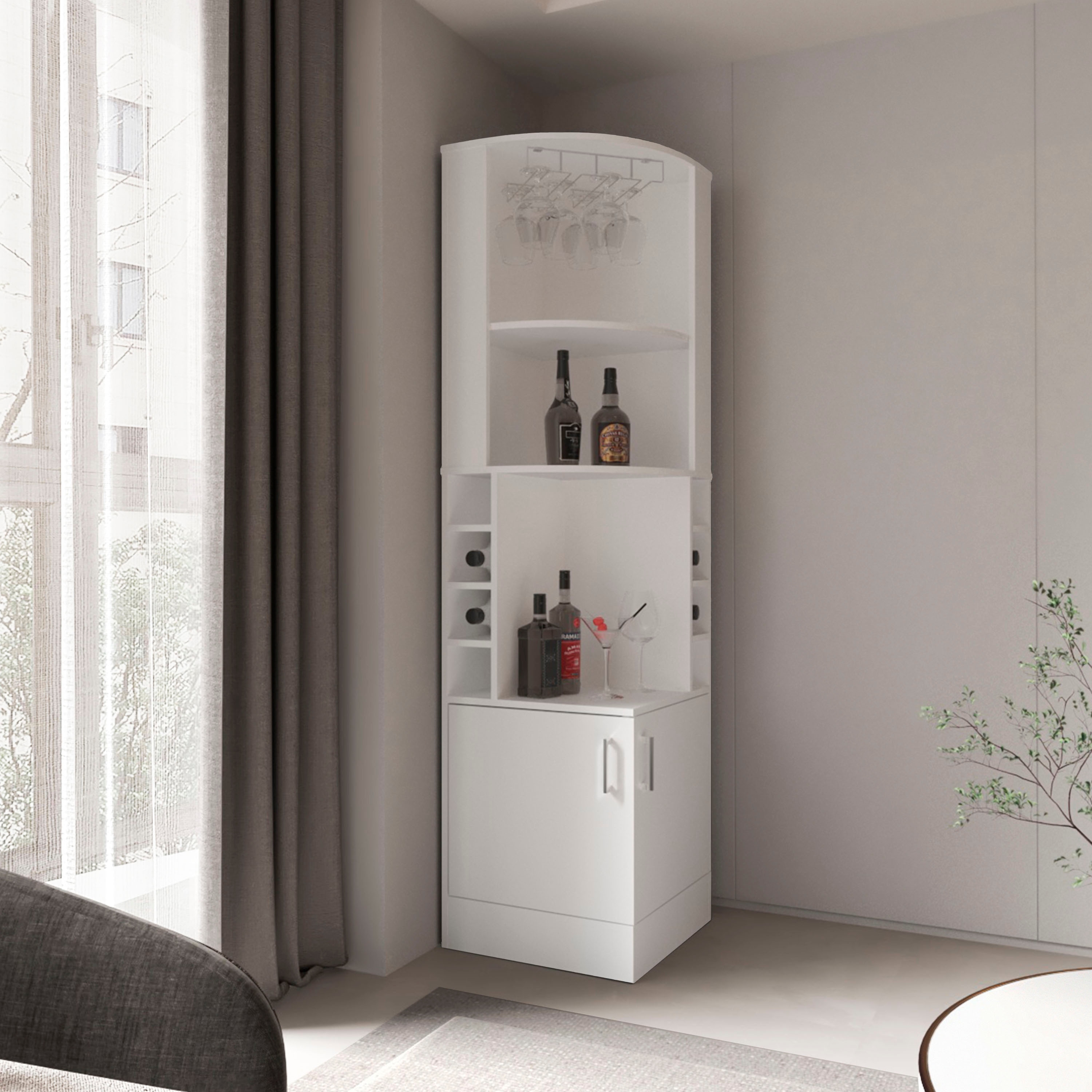 Corner Bar Cabinet,Glass Rack,Double Door Cabinet,Eight Built-In Wine Rack, Bar,Liquor Storage,White
