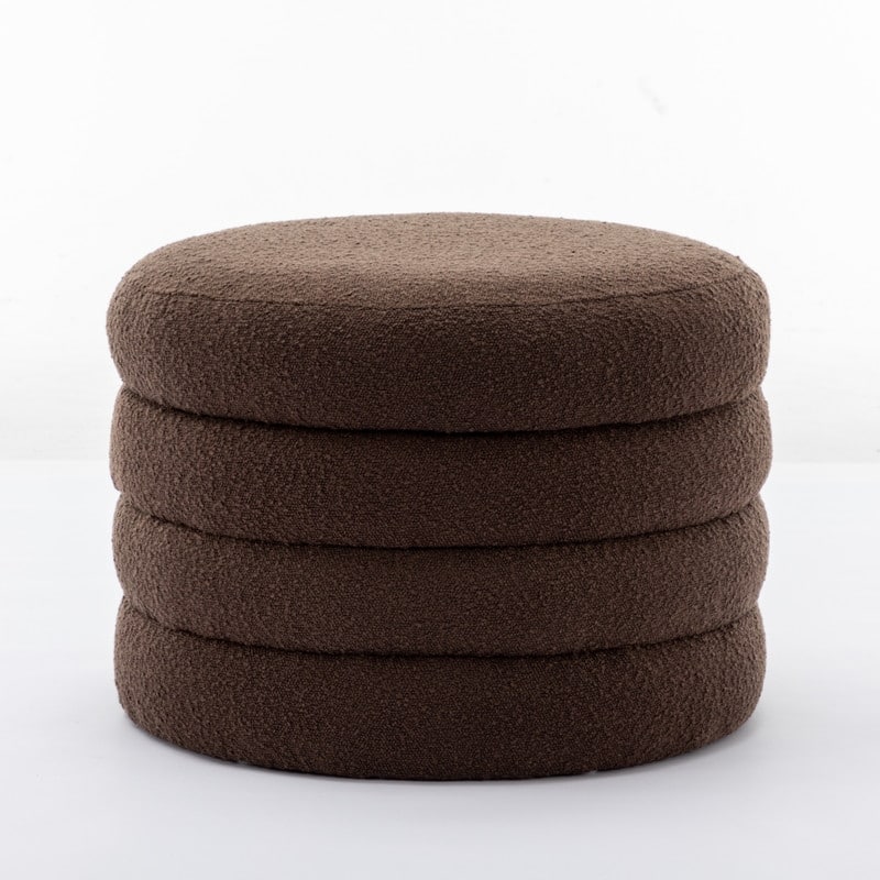 Boucle Fabric Storage Round Ottoman Footstool With Wooden Shelving